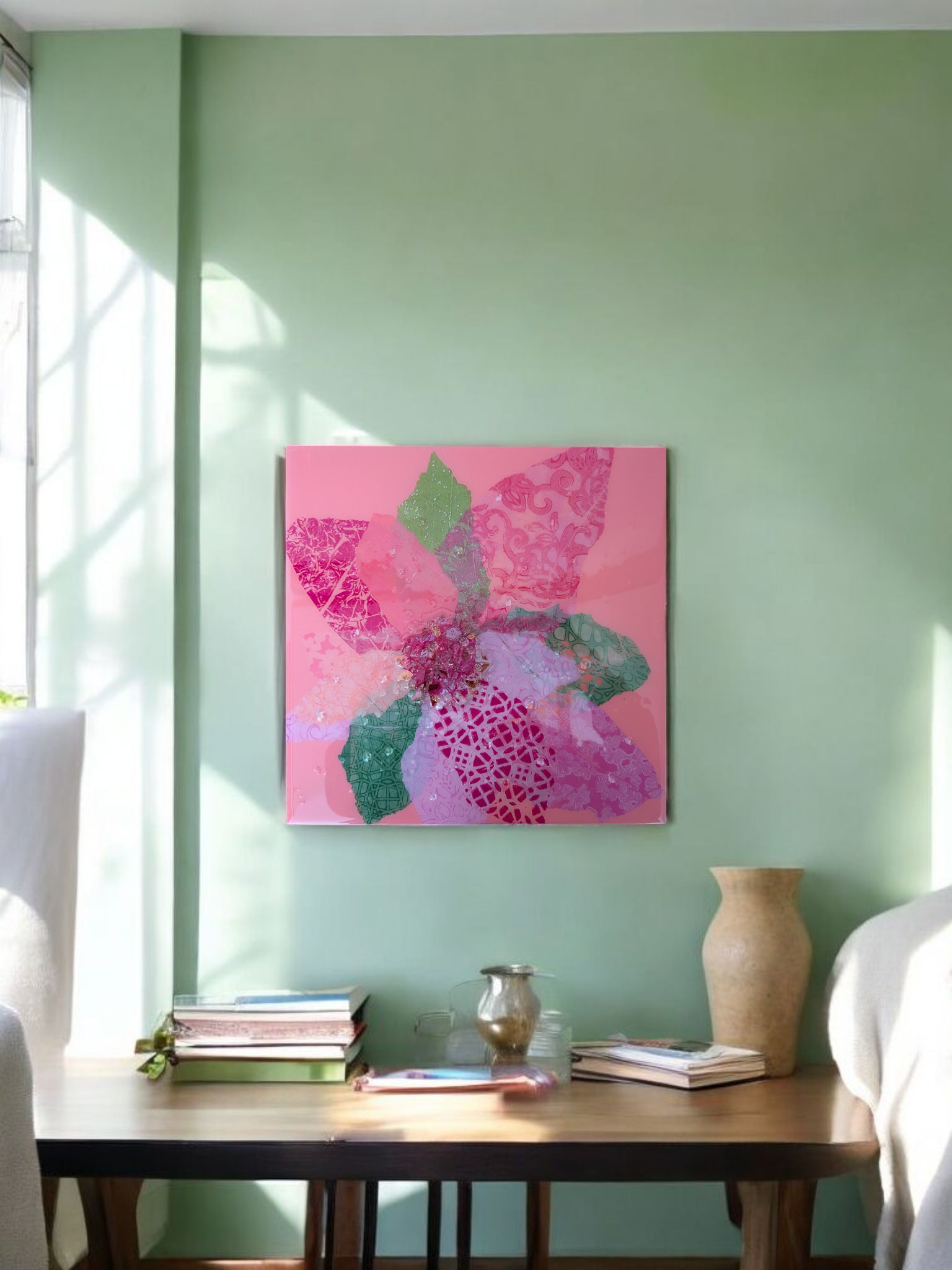 Pink daisy on green wall